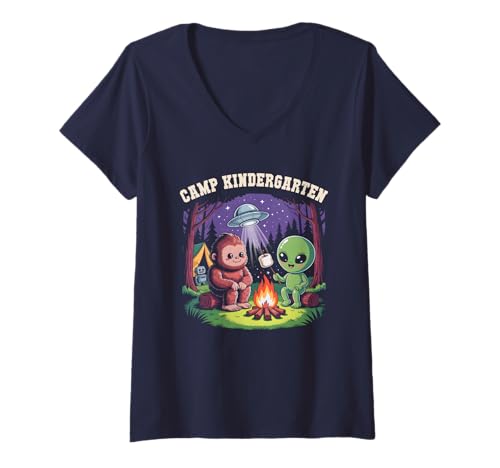 Damen Lustiger Camping-Kindergarten Alien Camping Out Bigfoot T-Shirt mit V-Ausschnitt von Class Of 2038 Crew Let Adventure Begin Campsite
