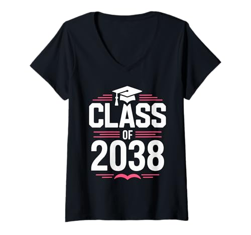 Damen Class of 2038 Abschluss Kappe Pink Schulabschluss Geschenk T-Shirt mit V-Ausschnitt von Class Of 2038 Pink Cap Schul Meilenstein