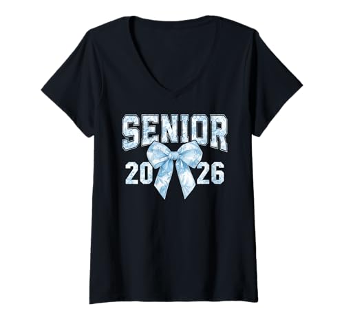Damen Senior 2026 Coquette Bow Blue Toile Floral Preppy Damen Mädchen T-Shirt mit V-Ausschnitt von Class of 2026 Senior 26 Coquette Bow Graduation 26
