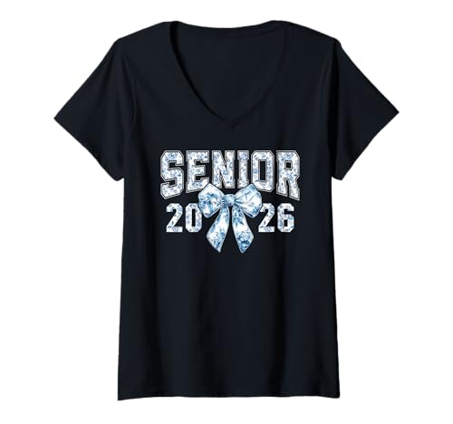 Damen Senior 2026 Coquette Bow Blue Toile Floral Preppy Damen Mädchen T-Shirt mit V-Ausschnitt von Class of 2026 Senior 26 Coquette Bow Graduation 26
