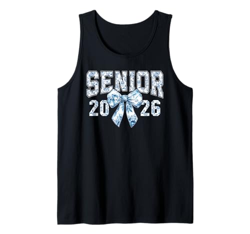 Senior 2026 Coquette Bow Blue Toile Floral Preppy Damen Mädchen Tank Top von Class of 2026 Senior 26 Coquette Bow Graduation 26