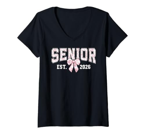 Damen Senior Est 2026 Coquette Bow Preppy Toilette mit Blumenmuster T-Shirt mit V-Ausschnitt von Class of 2026 Senior 26 Preppy Bow 2026 Graduation