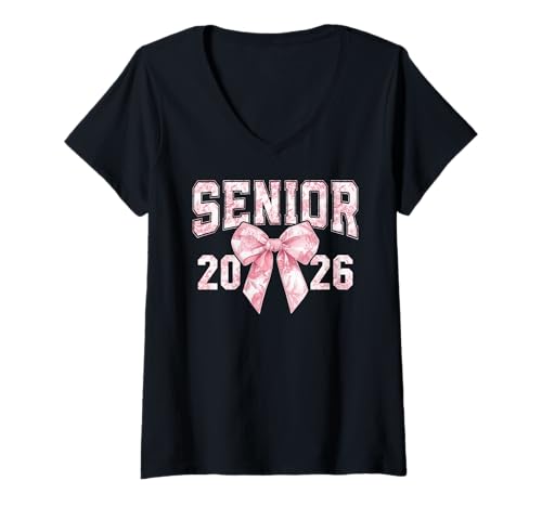 Damen Abschlussklasse 2026 Coquette Bow der Abschlussklasse 2026 T-Shirt mit V-Ausschnitt von Class of 2026 Senior 26 Preppy Girly Girl 26 Women