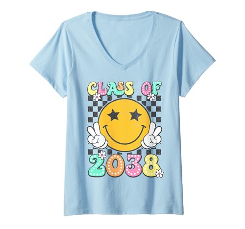 Damen Klasse 2038 Grow with Me Retro Kindergarten Abschluss T-Shirt mit V-Ausschnitt von Class of 2038 Grow With Me Kindergarten