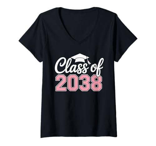 Damen Class of 2038 Pink Varsity Weiß Cap Kindergarten Abschluss T-Shirt mit V-Ausschnitt von Class of 2038 Pink Tassel Schule Meilenstein