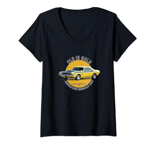 Damen Challenger TA Amerikanisches Muskelauto 60s 70s T-Shirt mit V-Ausschnitt Damen Challenger TA Amerikanisches Muskelauto 60s 70s T-Shirt mit V-Ausschnitt von Classic American Muscle Cars Vintage Apparel Co.