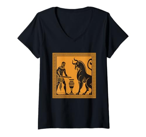 Damen Minotaurus Theseus Mythos Griechische Mythologie Antike T-Shirt mit V-Ausschnitt von Classic Ancient Greece Inspired Clothing