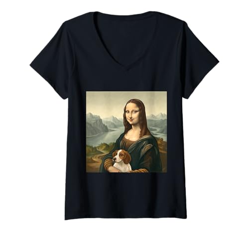 Damen Mona Lisa Renaissance Style mit Hundebegleiter T-Shirt mit V-Ausschnitt Damen Mona Lisa Renaissance Style mit Hundebegleiter T-Shirt mit V-Ausschnitt von Classic Art Remix Studio