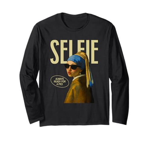 Lustiges Selfie-Parodie Mädchen mit Perlenohrring Langarmshirt von Classic Art Remix