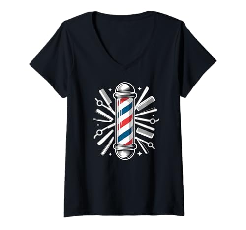 Damen Barber Pole Haarschnitt Werkzeuge Kamm Schere T-Shirt mit V-Ausschnitt von Classic Barber Shop Enthusiasts
