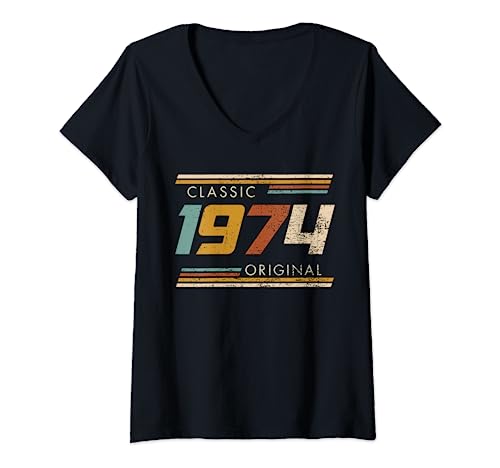Damen Classic 1974 Original Vintage Birthday Est 1974 Edition T-Shirt mit V-Ausschnitt von Classic Birthday Original Vintage By Dino