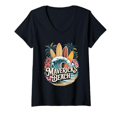 Damen Mavericks Beach Surfboards, kalifornisches Retro-Kunstwerk T-Shirt mit V-Ausschnitt Damen Mavericks Beach Surfboards, kalifornisches Retro-Kunstwerk T-Shirt mit V-Ausschnitt von Classic California Beach Culture Surf Scene