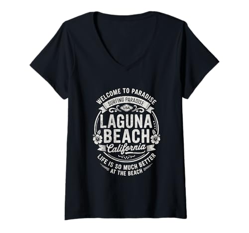 Damen Laguna Beach California USA Vintage Paradise Kunstwerk T-Shirt mit V-Ausschnitt Damen Laguna Beach California USA Vintage Paradise Kunstwerk T-Shirt mit V-Ausschnitt von Classic California Beach Typography & Floral