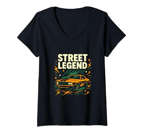 Damen Street Legend Musclecar-Retro-Grafik T-Shirt mit V-Ausschnitt Damen Street Legend Musclecar-Retro-Grafik T-Shirt mit V-Ausschnitt von Classic Car Culture Street Racing Apparel