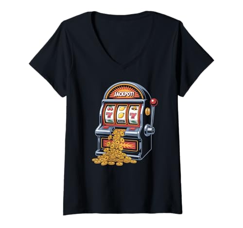 Damen Jackpot Spielautomat Münzen Falling Design T-Shirt mit V-Ausschnitt von Classic Casino Fun Coin Slot Machine Art