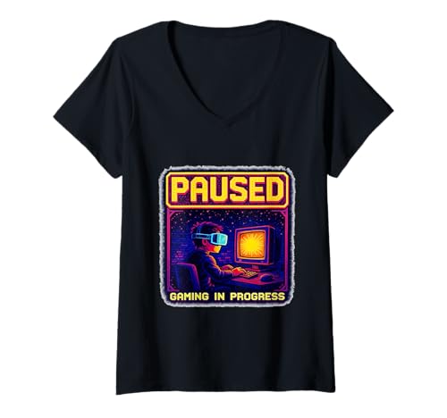 Damen Spielspaß unterbrochen Lustiger Gamer Level Up Console VR T-Shirt mit V-Ausschnitt von Classic Game Player Mode
