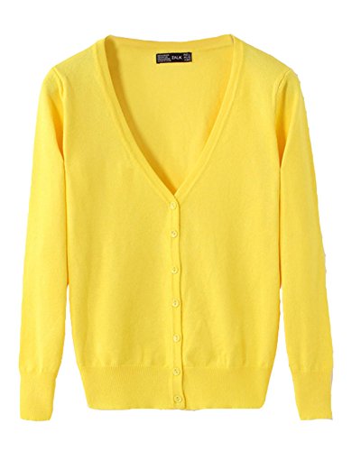 Classic Pink Damen Strickjacke Cardigan Pullover Casual Langarm Outwear Knöpfen vorne und V-Ausschnitt Gelb M von Classic Pink