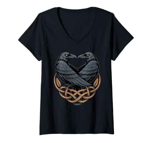 Damen Klassisches Knotenwerk, Odins, Raven, Walhalla, nordische Wikinger-Mythologie T-Shirt mit V-Ausschnitt von Classic Retro Norse Culture And Norsemen Designs