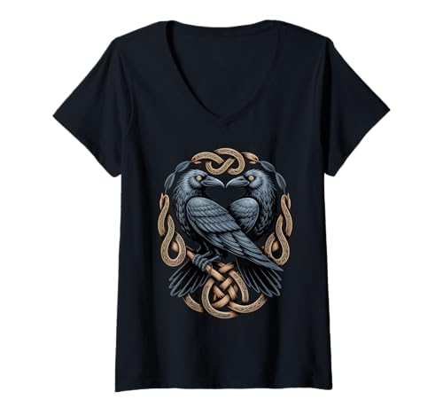 Damen Nordic Knotwork Odins Raven Valhalla Nordische Wikinger-Mythologie T-Shirt mit V-Ausschnitt Damen Nordic Knotwork Odins Raven Valhalla Nordische Wikinger-Mythologie T-Shirt mit V-Ausschnitt von Classic Retro Norse Culture And Norsemen Designs