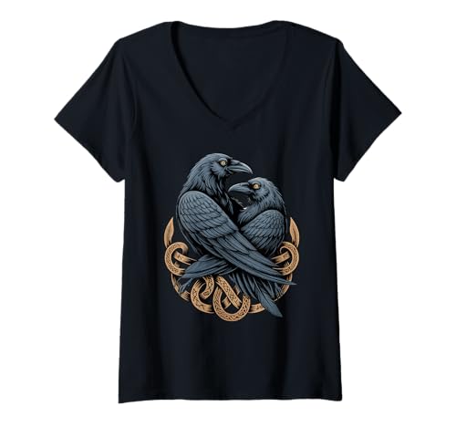 Damen Nordische Mythologie - Odins Raven Viking Midgard Thor Walhalla T-Shirt mit V-Ausschnitt von Classic Retro Norse Culture And Norsemen Designs