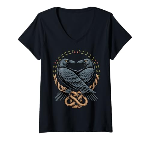 Damen Odin Raven Keltischer Wikinger Valhalla Heide T-Shirt mit V-Ausschnitt von Classic Retro Norse Culture And Norsemen Designs