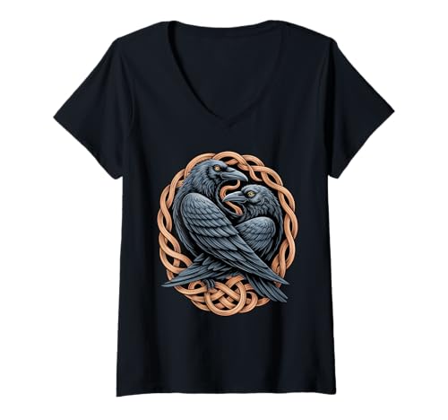 Damen Odin Raven Keltischer Wikinger Valhalla heidnisches Knotenwerk T-Shirt mit V-Ausschnitt Damen Odin Raven Keltischer Wikinger Valhalla heidnisches Knotenwerk T-Shirt mit V-Ausschnitt von Classic Retro Norse Culture And Norsemen Designs