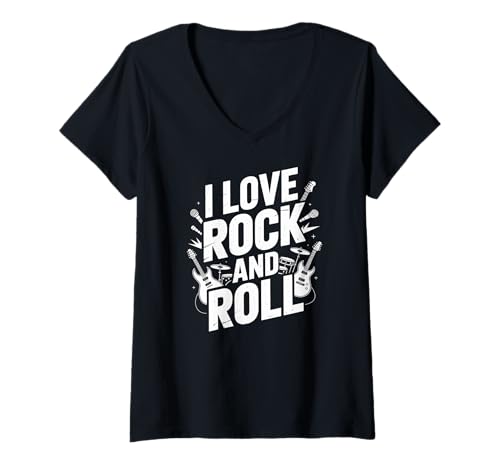 Damen I Love Rock and Roll Musikband T-Shirt mit V-Ausschnitt Damen I Love Rock and Roll Musikband T-Shirt mit V-Ausschnitt von Classic Rock Music Enthusiast