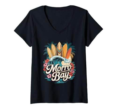 Damen Bay of Morro Surfbretter Strandszene Grafik T-Shirt mit V-Ausschnitt Damen Bay of Morro Surfbretter Strandszene Grafik T-Shirt mit V-Ausschnitt von Classic Shoreline Visuals - Central Coast Design
