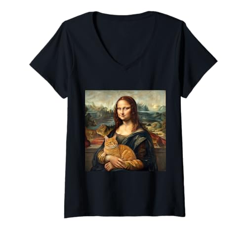 Damen Mona Lisa hält Katze Renaissance Art Parodie T-Shirt mit V-Ausschnitt Damen Mona Lisa hält Katze Renaissance Art Parodie T-Shirt mit V-Ausschnitt von Classic Whisker Works