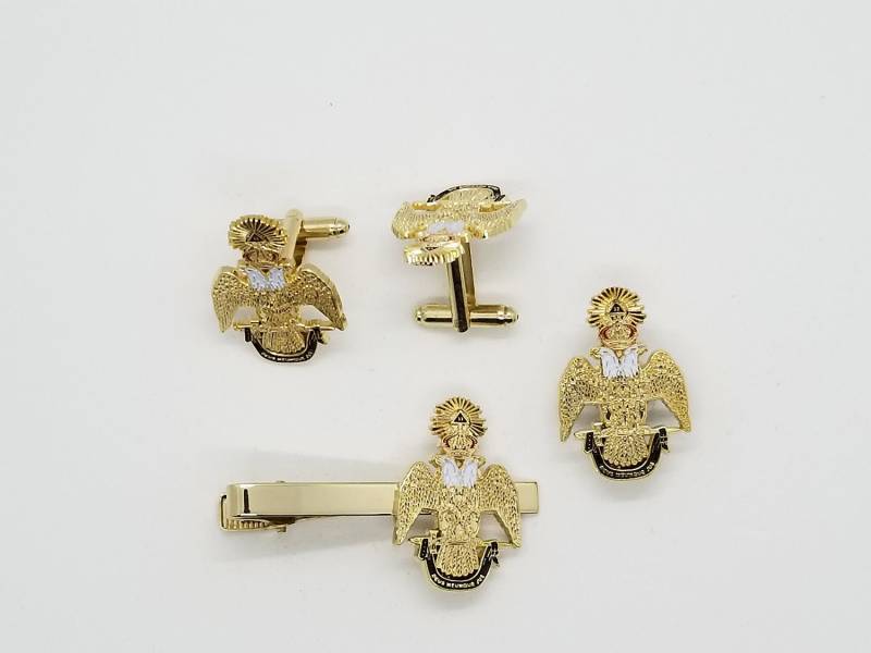 Freimaurer 33 Grad Goldfarbene Krawattenklammer Manschettenknopf Anstecknadel Set von ClassicDesignsGifts