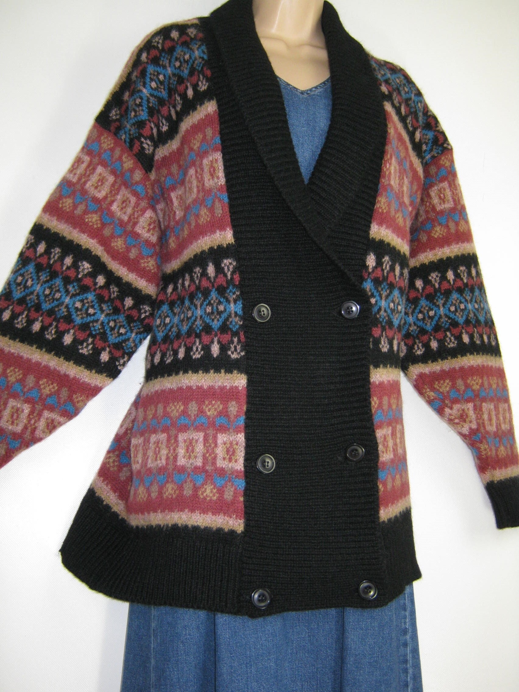 Laura Ashley Vintage Grobstrick Wolle Fairisle Zweireihige Winter Strickjacke, Klein/Mittel von ClassicLauraAshley