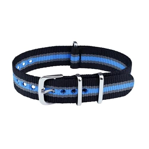 ClassicWatchStraps Nylon Uhrenarmband | Schwarz/Hellblau - 20 mm - Schließe: Silber Poliert | Nylon | Ersatz-Armband von ClassicWatchStraps