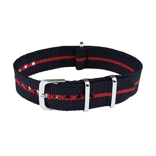 ClassicWatchStraps Nylon Uhrenarmband | Schwarz/Rot (3 Streifen) - 22 mm - Schließe: Silber Poliert | Nylon | Ersatz-Armband von ClassicWatchStraps