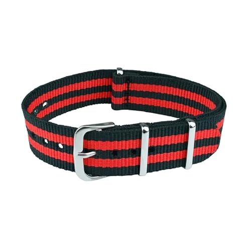 ClassicWatchStraps Nylon Uhrenarmband | Schwarz/Rot (5 Streifen) - 18 mm - Schließe: Silber Poliert | Nylon | Ersatz-Armband von ClassicWatchStraps