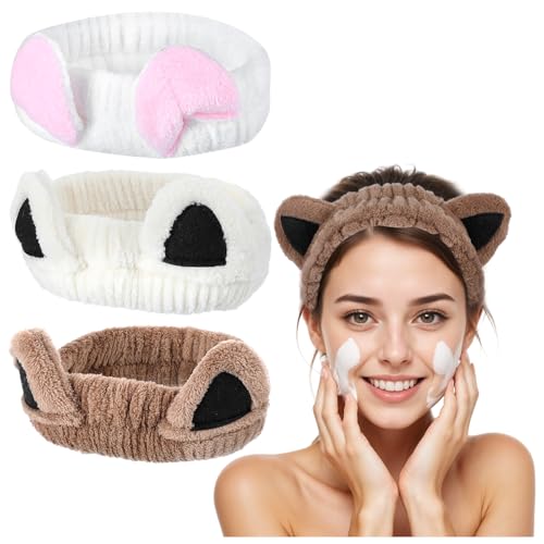 Classicseali 3 Stück Spa Stirnband Damen,Haarband Kosmetik,Katzenohren Haarbänder,Niedliches Katzenohren Make Up Haarband für Dusche Hautpflege Sport Makeup Sleep(Kaffee+Beige+Weiß) von Classicseali