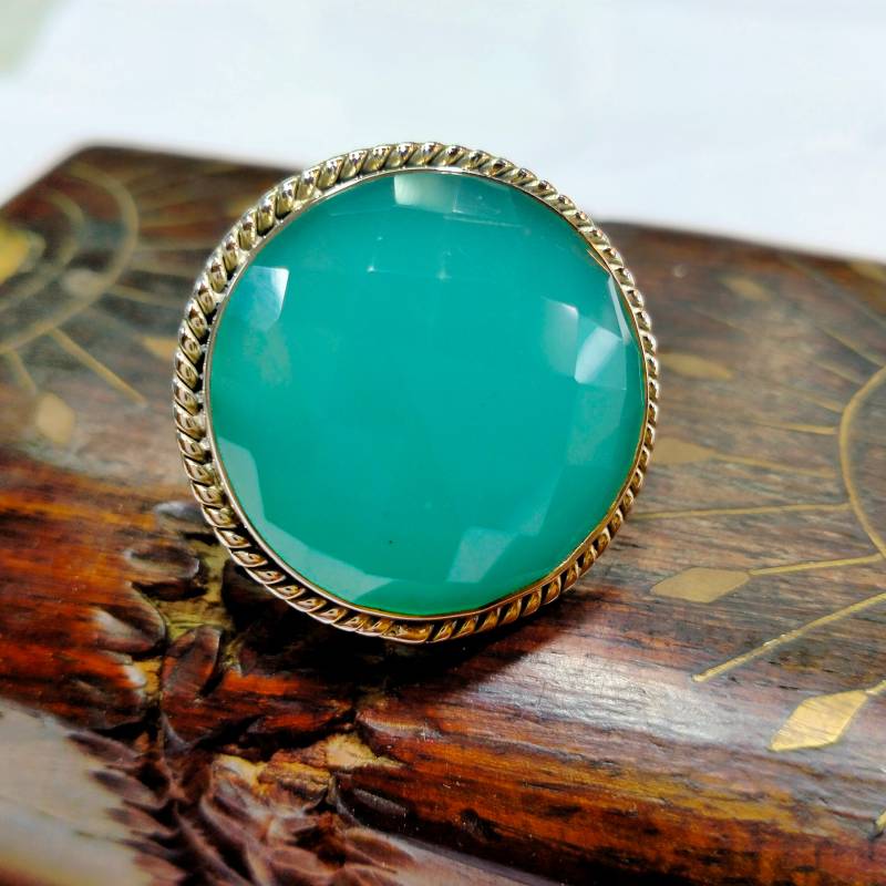 Aqua Chalcedon Ring Silber Boho Statement Runde Form Blauer Edelstein Stein Brautjungfer Handgemachtes Geschenk A-219 von ClassicsgemsJewelry