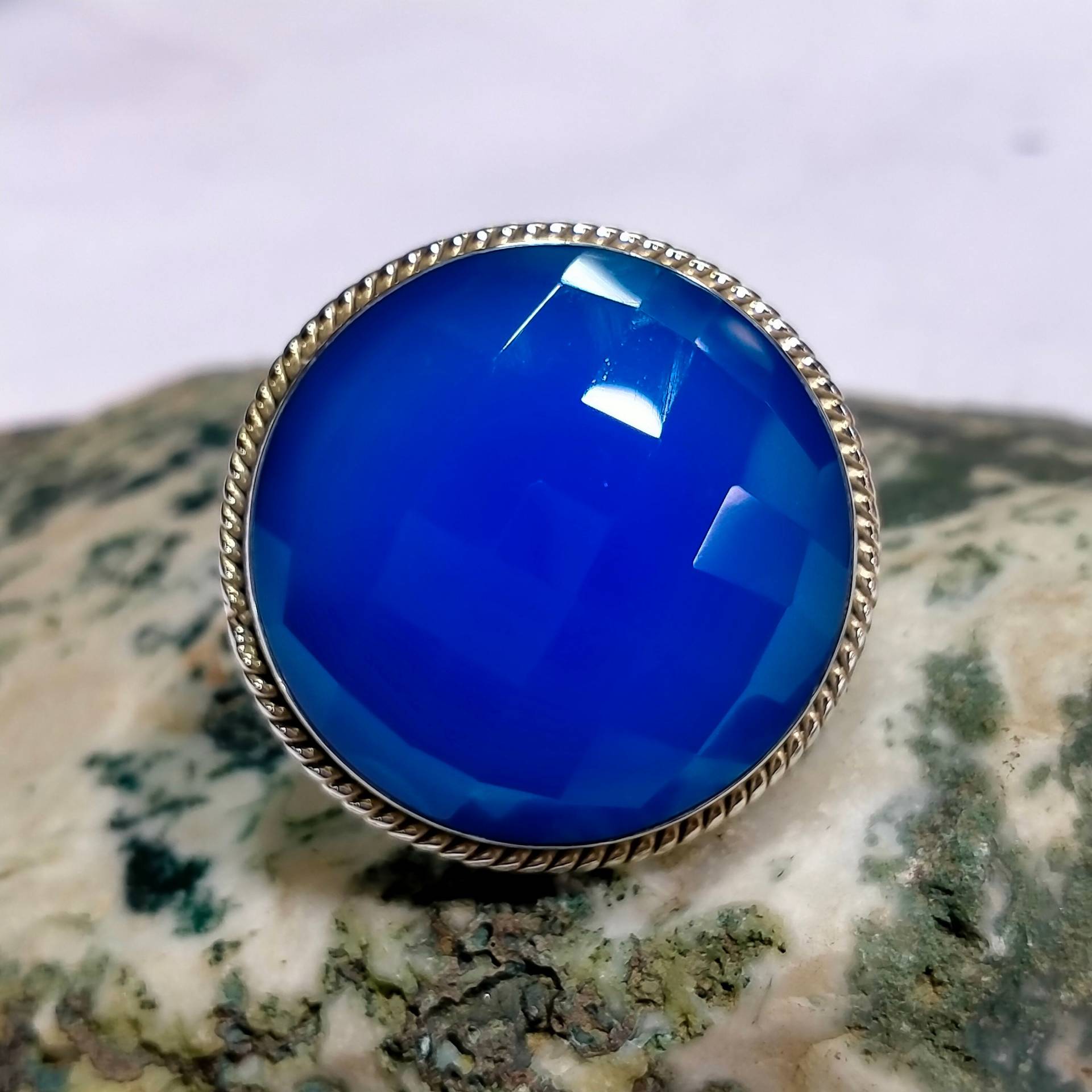 Blauer Chalcedon Ring Silber Boho Statement Runde Form Edelstein Stein Brautjungfer Handgemachtes Geschenk A-217 von ClassicsgemsJewelry