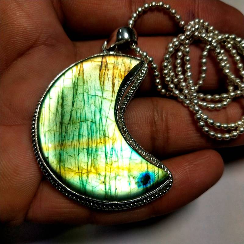 Labradorit Boho Silber Kette 92, 5 Sterling Halskette Multi Feuer Anhänger Edelstein Handmade B 255 von ClassicsgemsJewelry