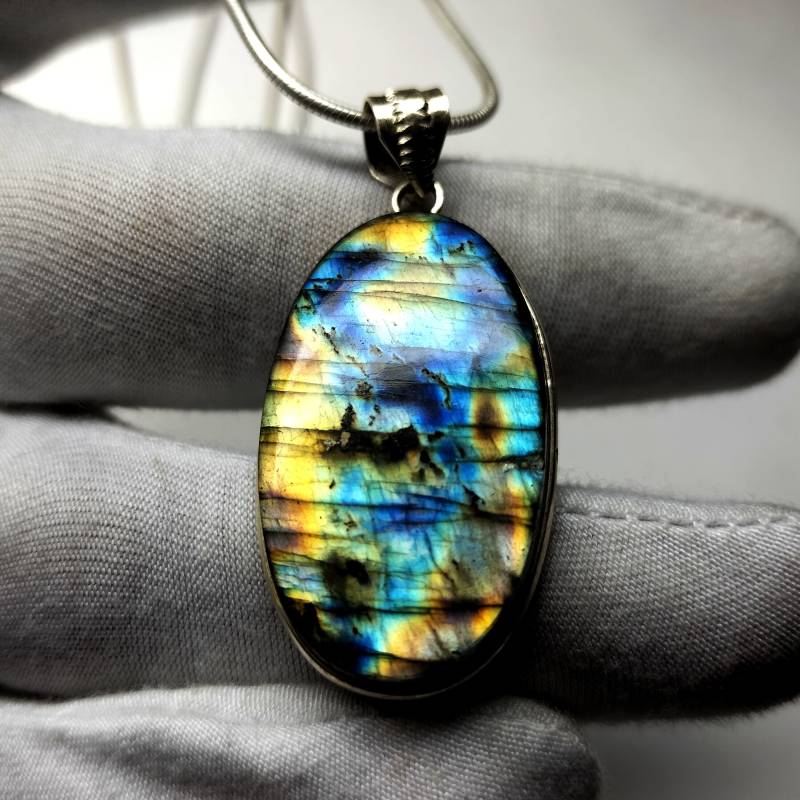 Labradorit Silberkette 92.5 Sterling Silber Halskette Multi Feuer Anhänger Edelstein Handmade B 275 von ClassicsgemsJewelry