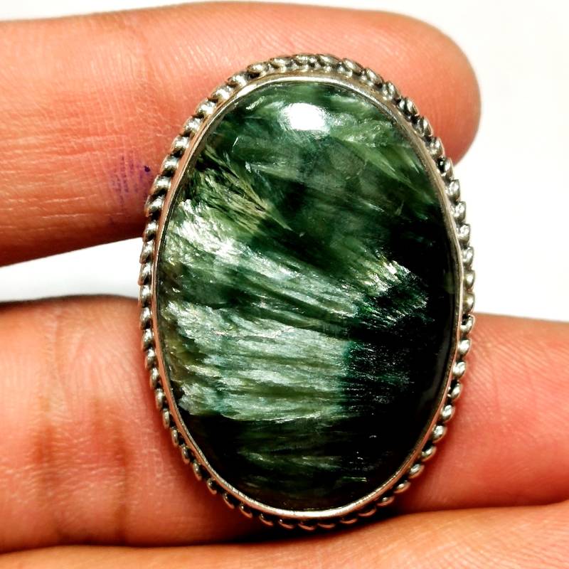 Seraphinit Ring 925 Sterling Silberring Statement Grün Boho Handmade Unikat Designer Geschenk Her B 220 von ClassicsgemsJewelry