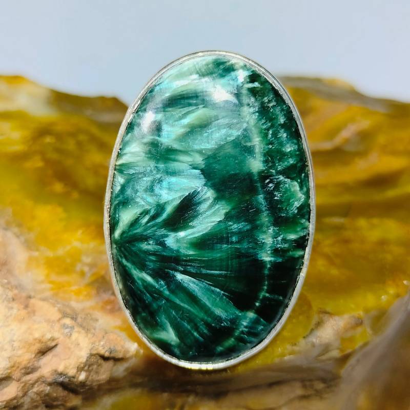 Seraphinit Ring 925 Sterling Silberring Statement Grün Boho Handmade Unikat Designer Geschenk Herz B 337 von ClassicsgemsJewelry