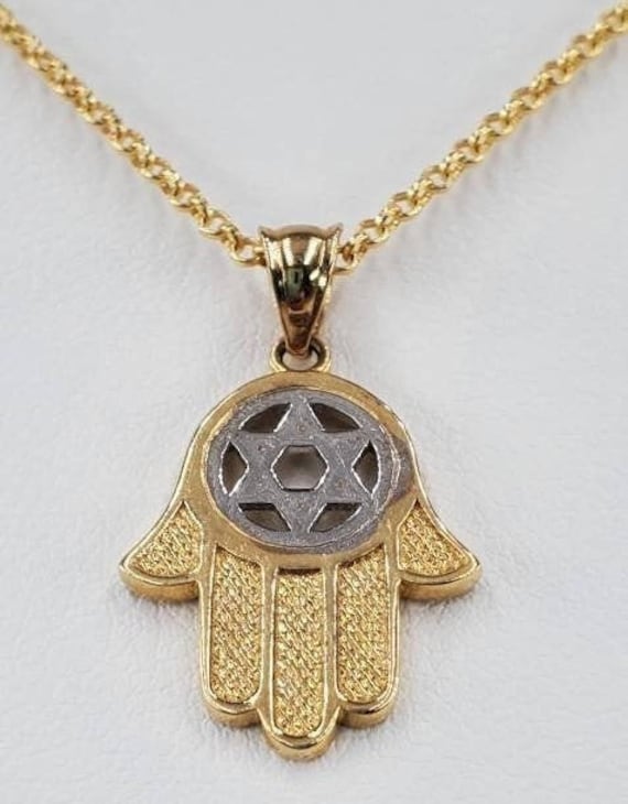 14K Gold Hamsa Hand Anhänger Verziert Mit Davidstern An Kette.echtes Gold von ClassisJewellers