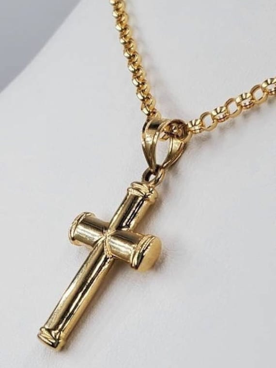 14K Gold Kreuz Anhänger An Rolo Kette. Höchste Goldqualität. Kostenloser Versand in Die Ganze Welt. Nur Echtes Gold Geschenk Zum Geburtstag von ClassisJewellers