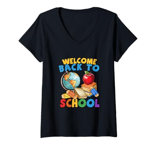 Damen Welcome Back to School Globe Apple Books Bleistifte Design T-Shirt mit V-Ausschnitt Damen Welcome Back to School Globe Apple Books Bleistifte Design T-Shirt mit V-Ausschnitt von Classroom Vibes Collection