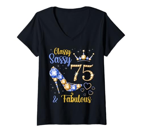Damen Klassische, freche und fabelhafte Herzen zum 75. Geburtstag mit hohem Absatz T-Shirt mit V-Ausschnitt von Classy Sassy & Fabulous Birthday Blue