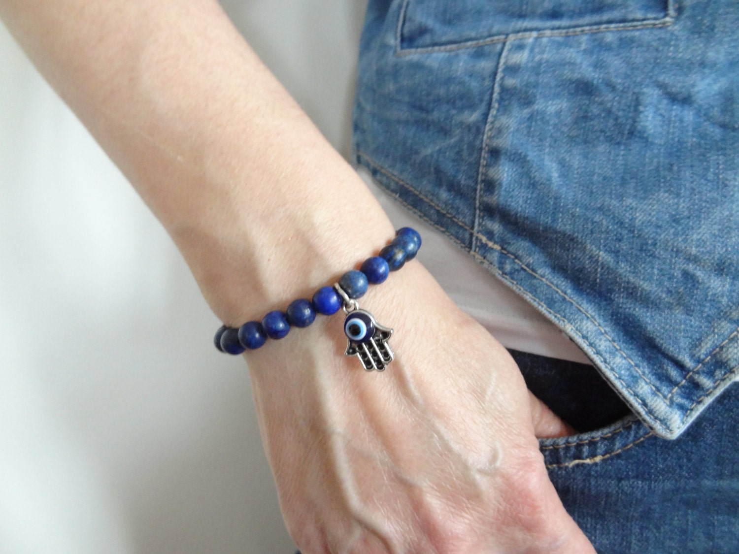 Lapislazuli Armband Silber Hand Der Fatima, Evil Eye Schutz von ClassyMen
