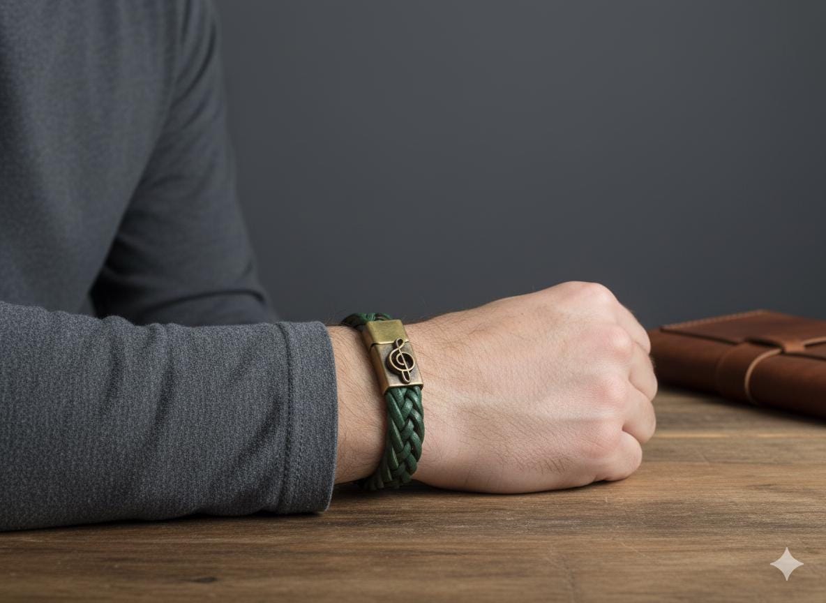 Geflochtenes Lederarmband, Grünes Hochwertiges Leder, Musik Note Armband, Bronze Magnetverschluss, Geschenk Für Ihn, Vatertagsgeschenk von ClassyMen