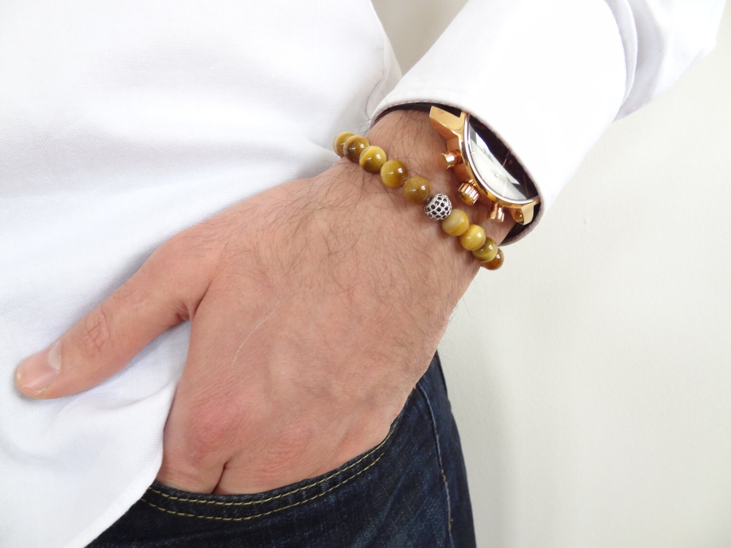 Gelbes Tigerauge Armband, 18K Schwarz Rhodiniert, Swarovski Ball, Edelstein Schmuck, Geschenk Für Freundinnen, Freunde von ClassyMen