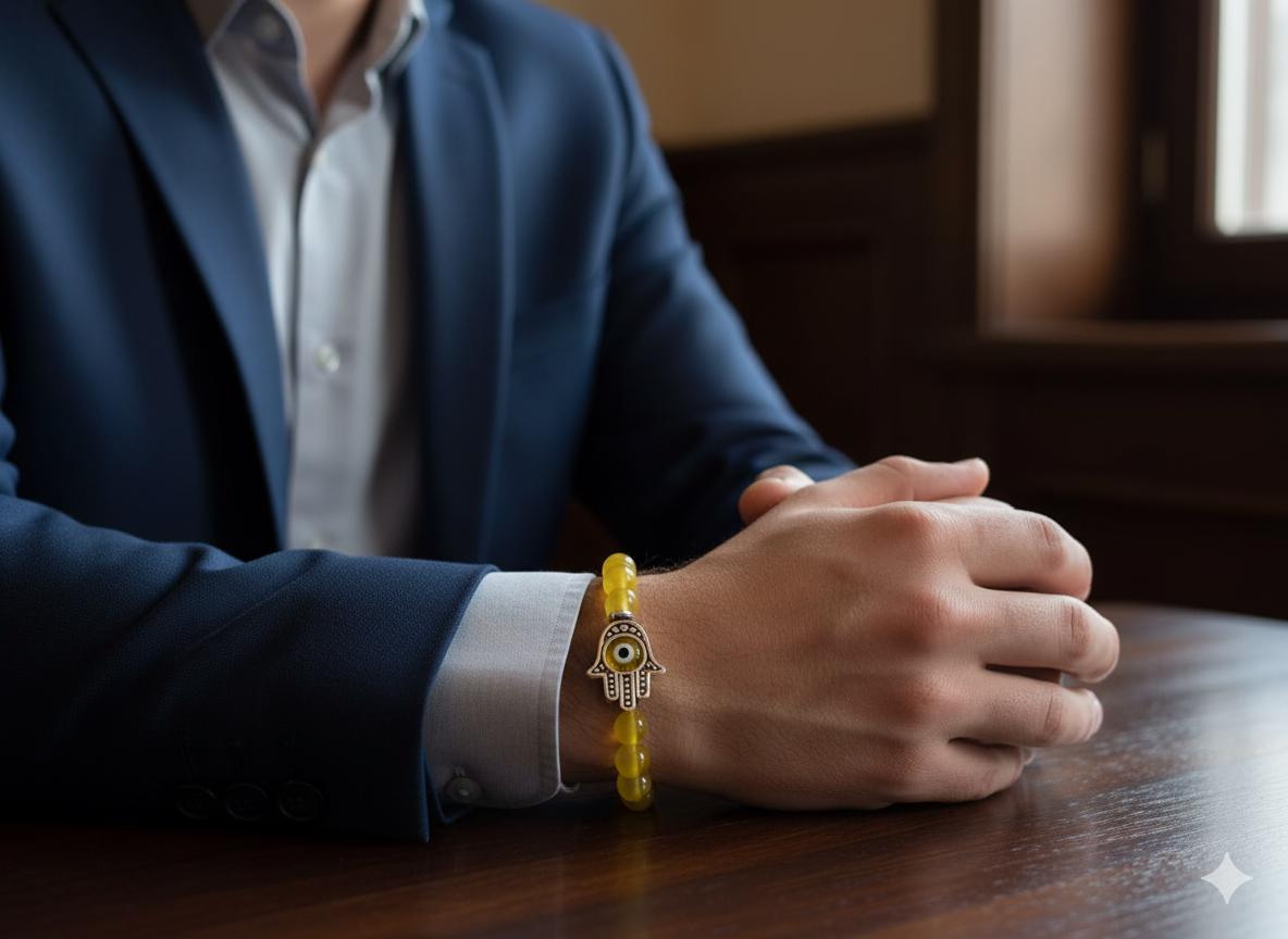 Sonnengelbes Perlenarmband Silber Hamsa, Böses Auge Nazar Schutz von ClassyMen