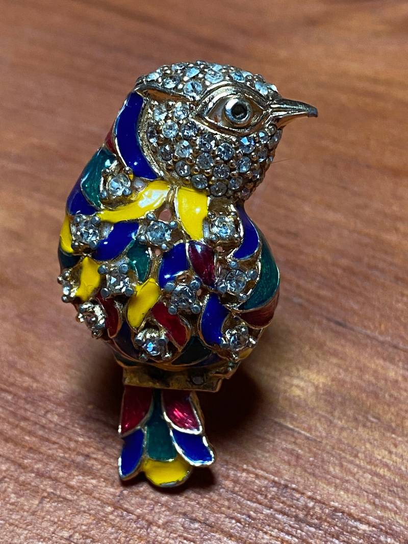 Vintage 1960Er Jahre Brosche - Papagei Cloisonne Pin Mit Emailliertem Körper Und Strasskopf von ClassyRagsVintage